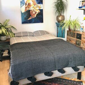 Queen size Black and white Berber blanket with big pompoms